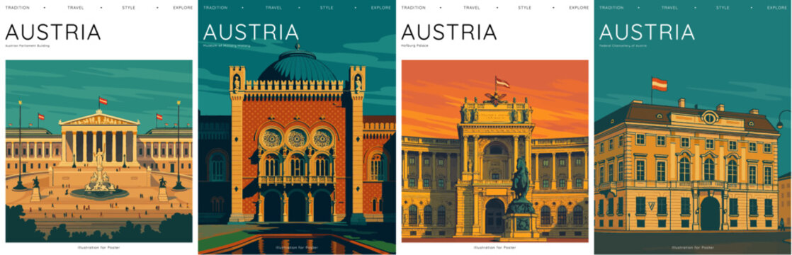 Vector illustration of Austria landmarks for postal stamps. For tourism, travel, promotional poster, advertising, guidebooks, brochures, magazine, covers, geography, wallpaper, prints, sticker, cards.