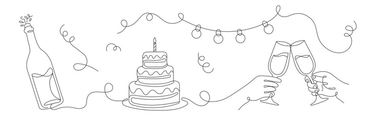 A continuous line drawing of a celebration with champagne, cake, and clinking glasses. A minimalist single-line illustration for a birthday, wedding, or New Year's Eve. Editable line.