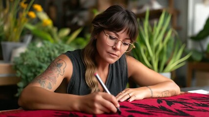 Woman with glasses and tattoos drawing a bold textile pattern her marker gliding over canvas plants swaying in the workshop breeze bold textile design carpet workshop creative