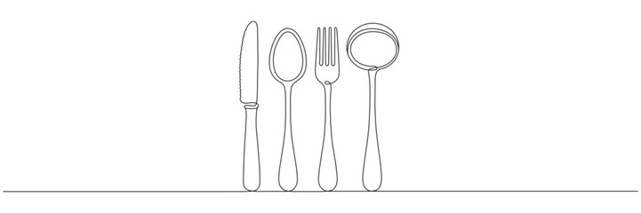 Continuous one-line drawing of kitchen appliances. Restaurant logo. Vector illustration. Editable line.