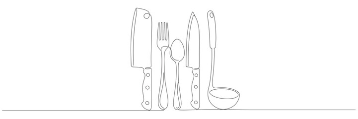 A minimalist single-line drawing of kitchen utensils, including a knife, fork, spoon, ladle, and cleaver. Editable line