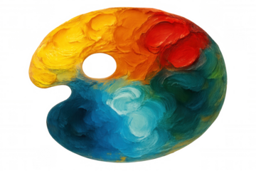 Artist palette covered with vibrant impasto oil paint, creating abstract textured rainbow colors, transparent background