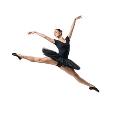Obraz premium Graceful ballerina performing a dynamic split leap in a black tutu isolated on transparent background