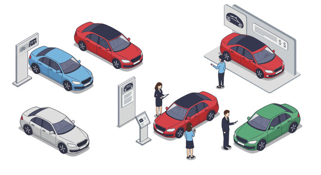 Isometric car dealership display with vehicles and salespeople
