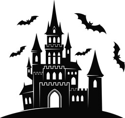 Spooky castle silhouette, bats flying, haunted hill, Halloween theme, gothic architecture, eerie mood, vector, minimal, black, white, dramatic