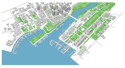 Isometric cityscape featuring urban architecture and waterfront harbor scene