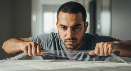 Man Unpacking Mattress in Modern Bedroom Environment for Home Improvement Blogs, Sleep Health Websites, Educational Content, and Interior Design Awareness