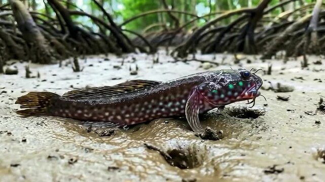 A close-up of a unique mudskipper an amphibious fish using its fins to crawl across the wet mud of a mangrove forest.