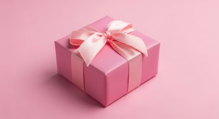Obraz premium Pink gift box with ribbon on pink background, studio shot