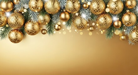 Elegant gold christmas ornaments and lights adorn a festive fir tree branch with a soft golden background