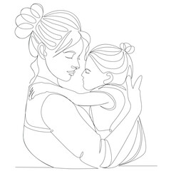 Mother and child embracing in continuous line art style with closed eyes embrace love