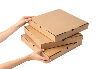 Hands holding stack of four brown cardboard pizza boxes on black background cardboard box