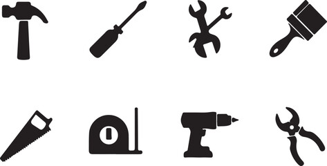 Fototapeta premium Collection of black silhouette tools on white background