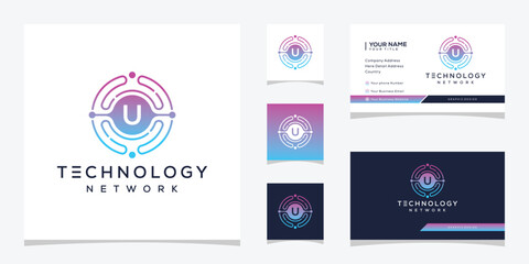 Initial letter U digital technology network logo design, circle symbol icon concept, business card vector template