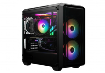 Illuminated computer case with rainbow fans isolated on a transparent background