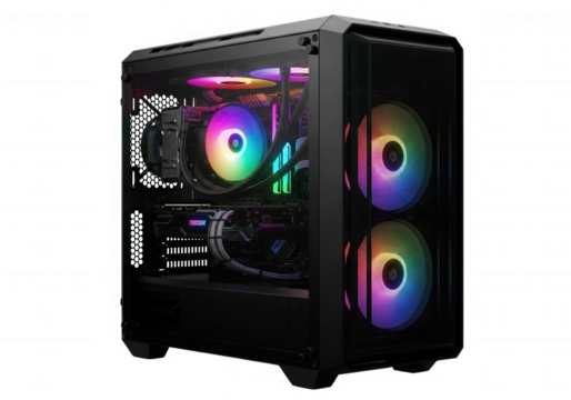 Illuminated computer case with rainbow fans isolated on a transparent background