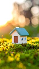 Miniature house sitting on moss with blurred warm light in background