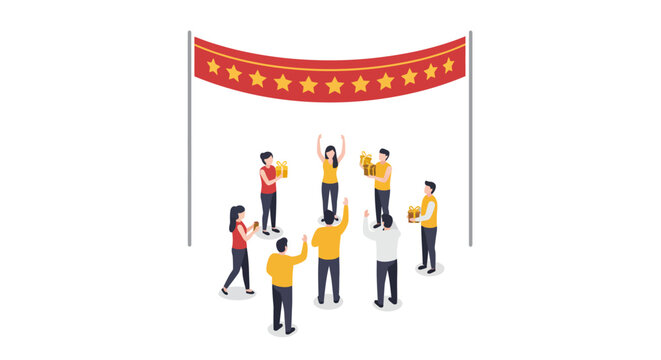 Team celebration under red banner with stars in isometric style