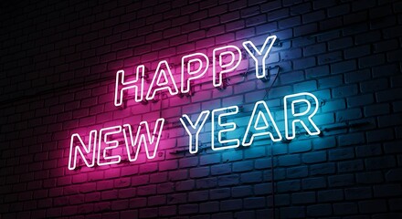 Bright neon sign reads happy new year in pink and blue against a dark brick wall