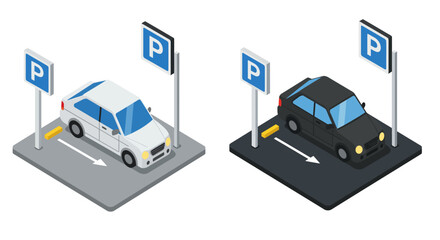 Isometric car parking design with directional signs and vehicles