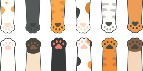 Cute flat vector pattern of cat paws in various coat colors, top and bottom views, cartoon style with pink pads  playful pet background for posters, packaging, and social media designs. © SUPERARTMAN