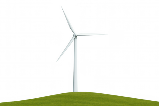 Wind turbine standing on green hill generating clean renewable energy, symbolizing sustainable electric power production
