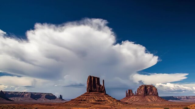 Time-lapse cinematic video of massive cumulus clouds rolling over a red-rock desert mesa beneath vivid blue sky.