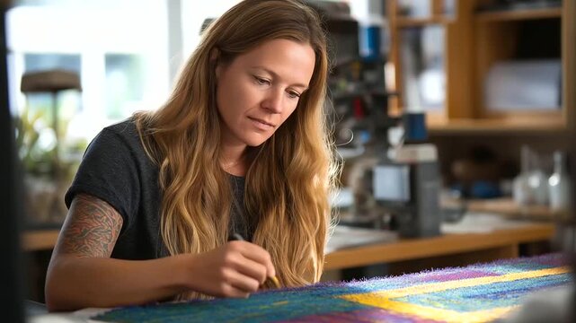 Caucasian woman with long hair shaping a colorful rug with a tufting gun her tattoos peeking out sunlight glinting off her tools rug shaping artistry textile workshop handmade