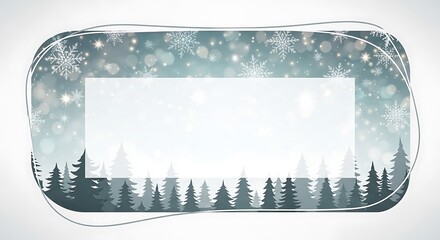 Winter forest scene with snow falling and a blank white rectangle for text overlay