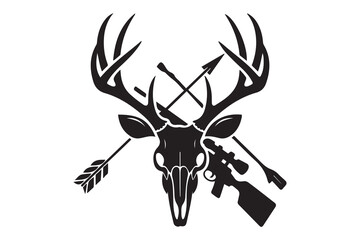 Skull Dear Head with Sniper Gun and Arrow Cross for Hunting Symbol Logo Vector. Vector Black silhouettes. with white background