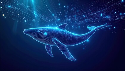 Digital whale swimming in a sea of data with futuristic concept.