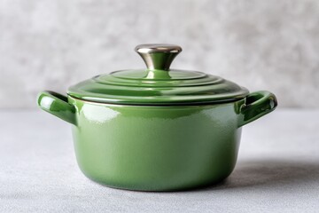 Green enameled cast iron casserole dish with lid on light stone background