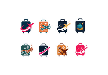 Travel Suitcase logo, suitcase logo with airplane icon set vector design