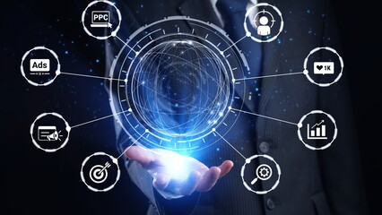 Concept of marketing online strategy using digital marketing, PPC campaigns, social media ads, and...