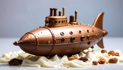 Chocolate Submarine on Whipped Cream with Nuts Dessert Art.