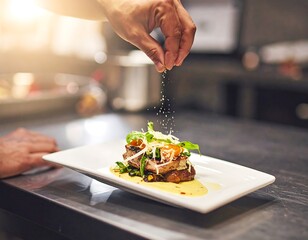 Chef seasoning a plated dish