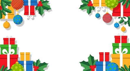 Festive christmas border with gifts ornaments and holly decorations for holiday celebrations