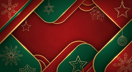 Elegant christmas background with red green and gold abstract shapes and festive ornaments