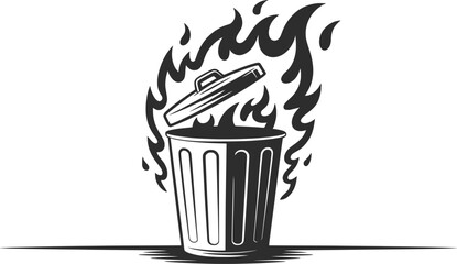Recycle Bin Fire Illustration, Waste Management Symbol, Environmental Awareness Design.