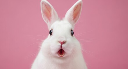 Obraz premium Surprised white rabbit with wide eyes on a pink background studio shot