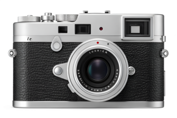 Vintage silver and black leather rangefinder camera with lens retro classic