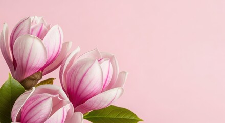 Fototapeta premium Three pink magnolia flowers on a pink background with copy space