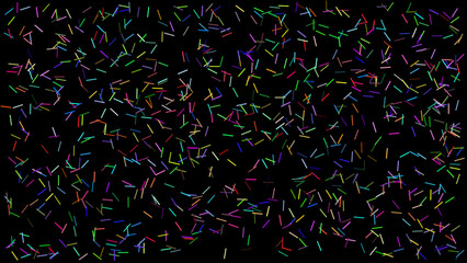 Abstract vector background with colorful sticks. 1000 random scattered colorful rounded sticks on a black background. 