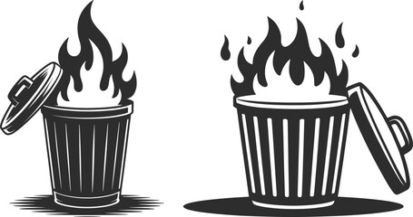 Recycle Bin Fire Illustration Set, Waste Management Symbol, Environmental Awareness Design.