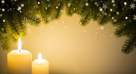 Cozy christmas scene with glowing candles and evergreen branches adorned with soft lights