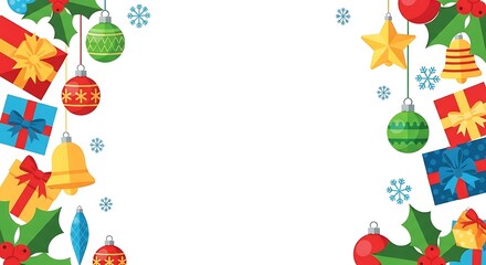 Festive christmas border with ornaments gifts holly and stars on white background
