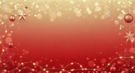 Festive christmas background with golden bokeh lights and red gradient adorned with ornaments and snowflakes