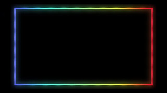 Neon facecam overlay of rainbow rectangular frame glowing against a black backgound. Perfect for party invitations, social media promotions, and colorful designs.