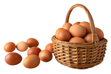 Brown chicken eggs in a woven basket and scattered on black background brown eggs egg basket