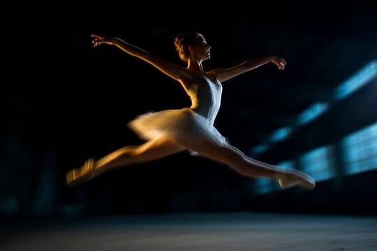 Ballet dancer mid leap in industrial warehouse with dramatic lighting and motion blur